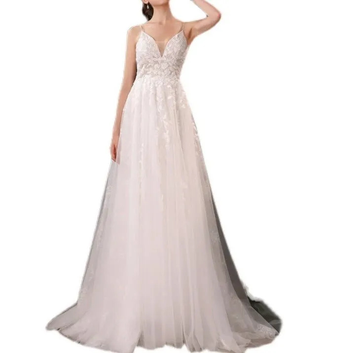 Lace Sling Deep V Neck Thin Wedding Dress