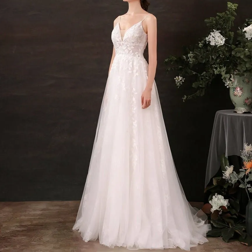 Lace Sling Deep V Neck Thin Wedding Dress