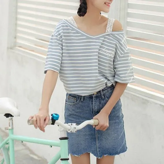 Lace Strapped V-Neck T-Shirt