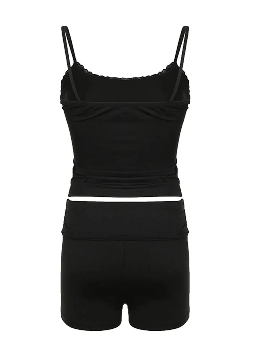 Lace Trim Cami Top and Low Waist Shorts Two Piece Set Summer Outfits