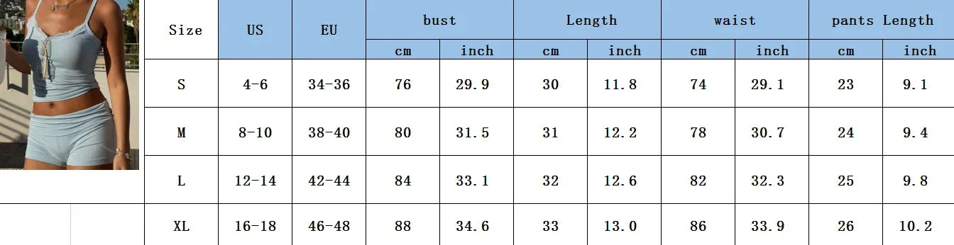 Lace Trim Cami Top and Low Waist Shorts Two Piece Set Summer Outfits