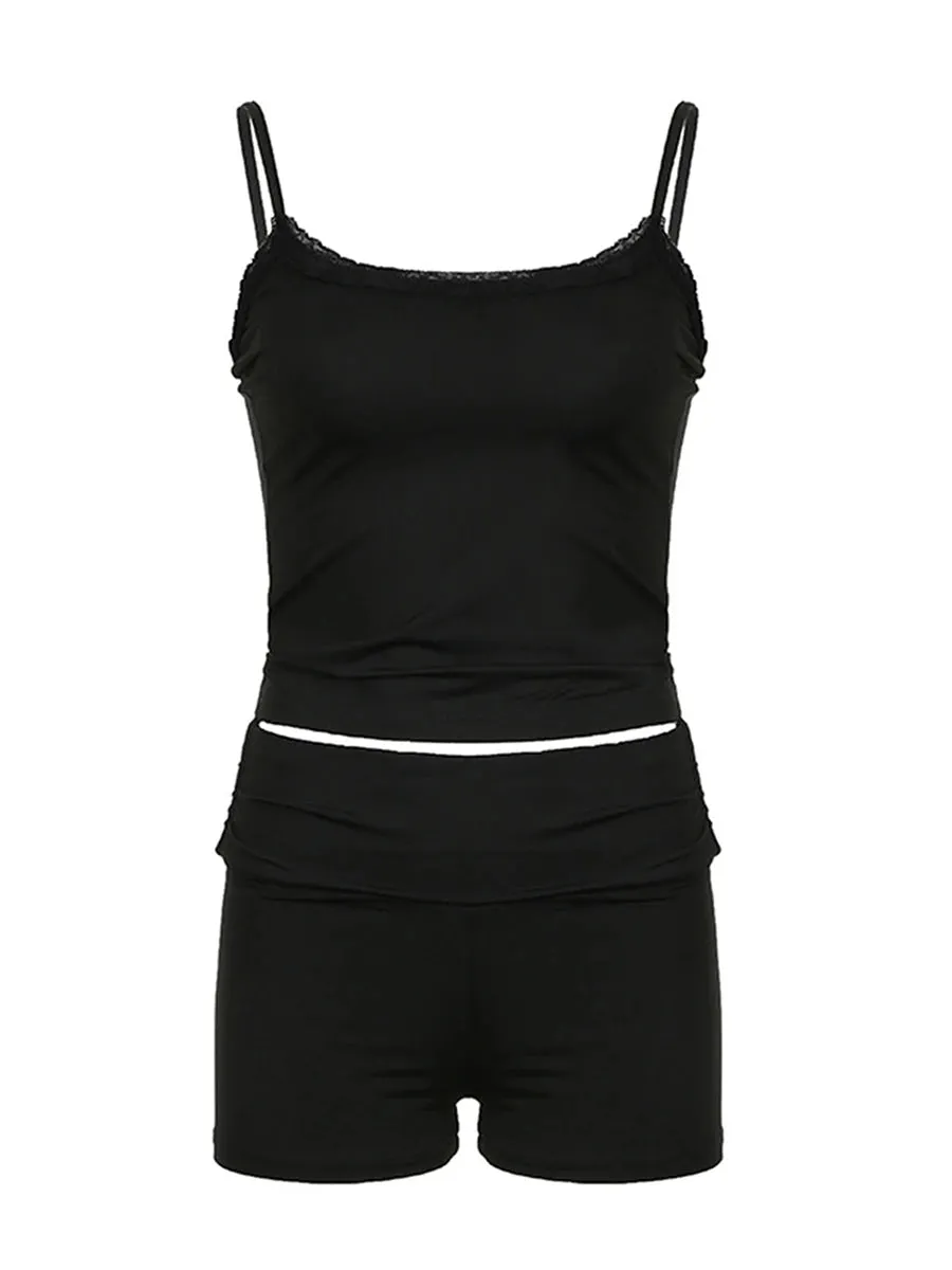 Lace Trim Cami Top and Low Waist Shorts Two Piece Set Summer Outfits