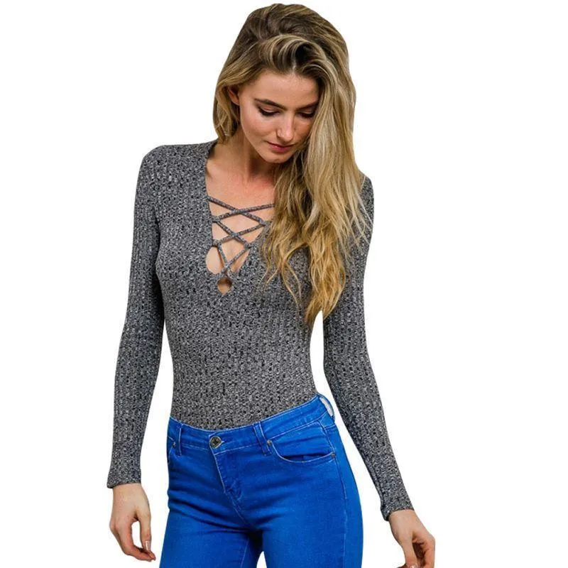 Lace-Up  V- Neck Knitted Shirt