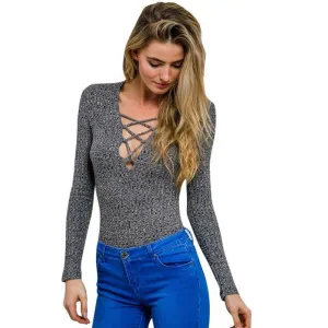 Lace-Up  V- Neck Knitted Shirt