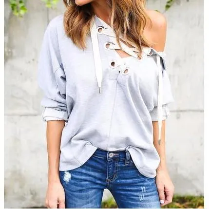 Lace-Up V-Neck Sweatshirt