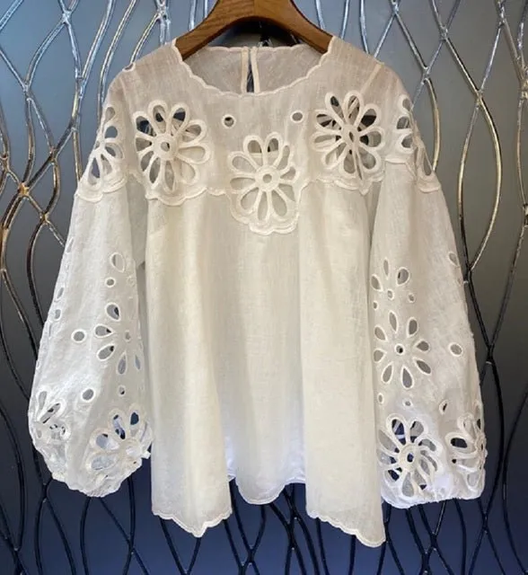 Ladies Hollow Out Embroidery Lantern Sleeve Casual Loose Tops