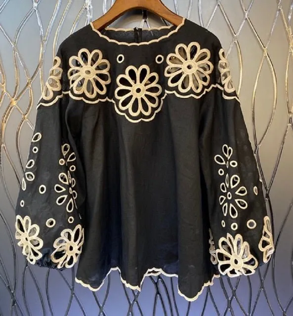 Ladies Hollow Out Embroidery Lantern Sleeve Casual Loose Tops