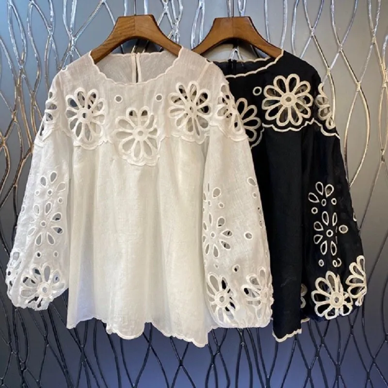 Ladies Hollow Out Embroidery Lantern Sleeve Casual Loose Tops