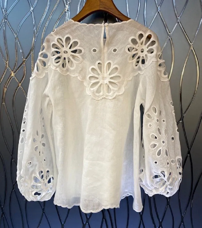 Ladies Hollow Out Embroidery Lantern Sleeve Casual Loose Tops