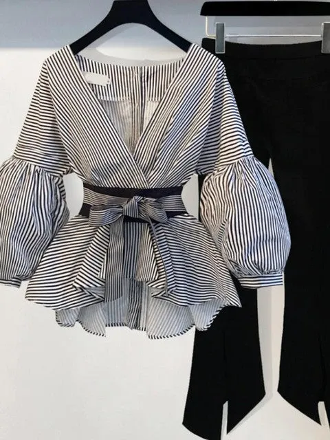 Lantern Sleeve Blouse Shirt Women Summer Bow V-neck Striped Shirt Elegant Ladies Tops Female Clothing