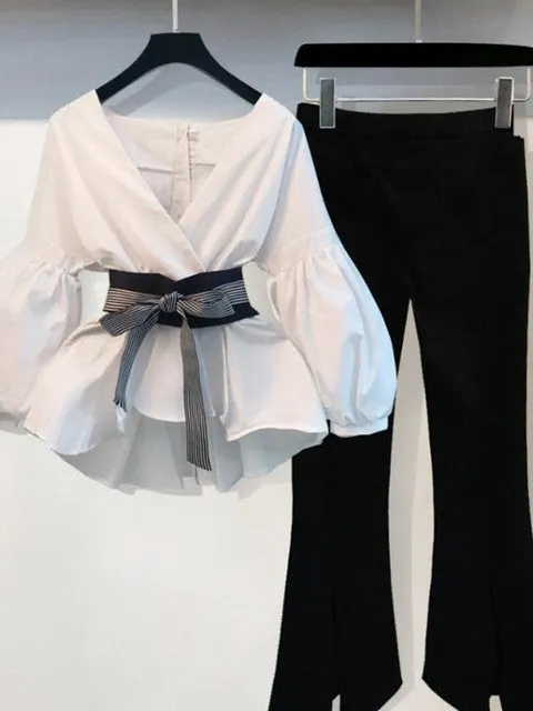 Lantern Sleeve Blouse Shirt Women Summer Bow V-neck Striped Shirt Elegant Ladies Tops Female Clothing