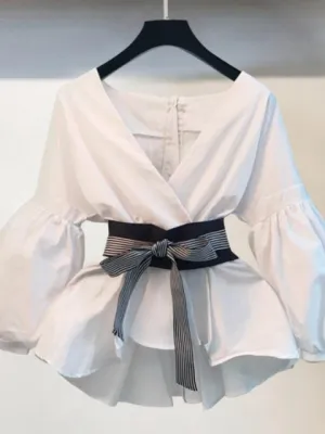Lantern Sleeve Blouse Shirt Women Summer Bow V-neck Striped Shirt Elegant Ladies Tops Female Clothing
