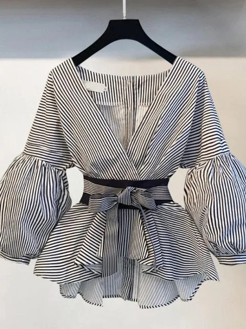 Lantern Sleeve Blouse Shirt Women Summer Bow V-neck Striped Shirt Elegant Ladies Tops Female Clothing