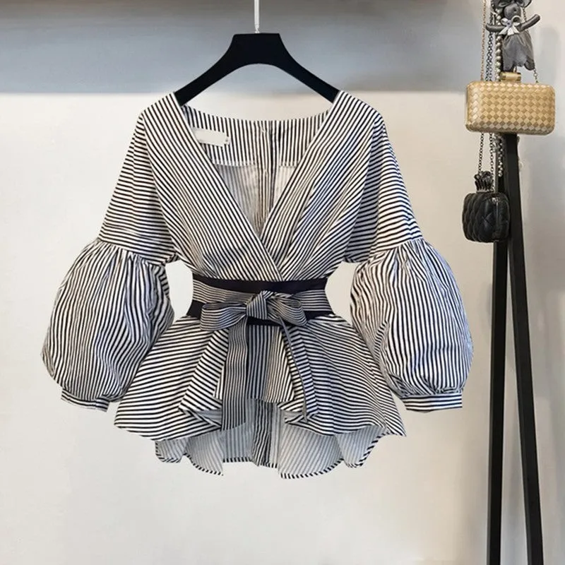 Lantern Sleeve Blouse Shirt Women Summer Bow V-neck Striped Shirt Elegant Ladies Tops Female Clothing