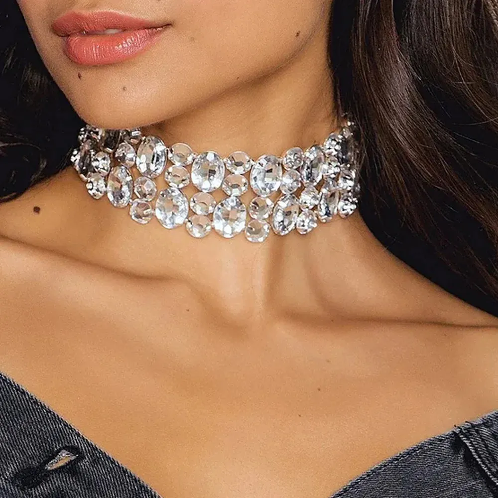 Large Rhinestone Multi-Row Choker Necklace