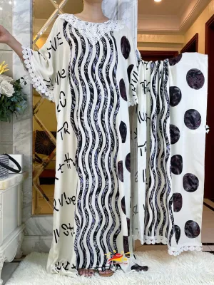 Latest Muslim Fashion Summer Short Sleeve Dresses  With Big Scarf Floral Print Colorful Boubou Maxi Islam Women  African Abaya