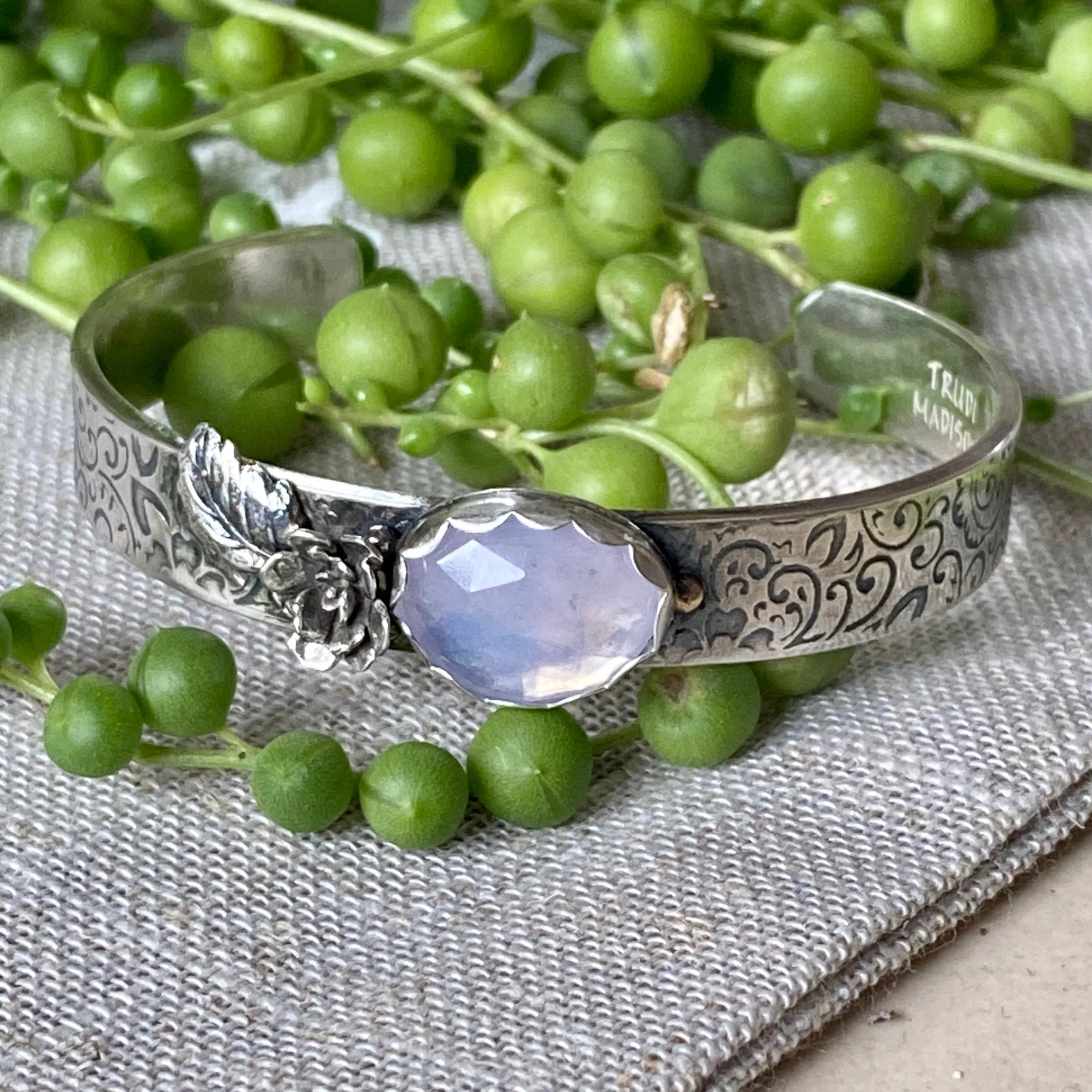 Lavender quartz succulent garden sterling silver cuff