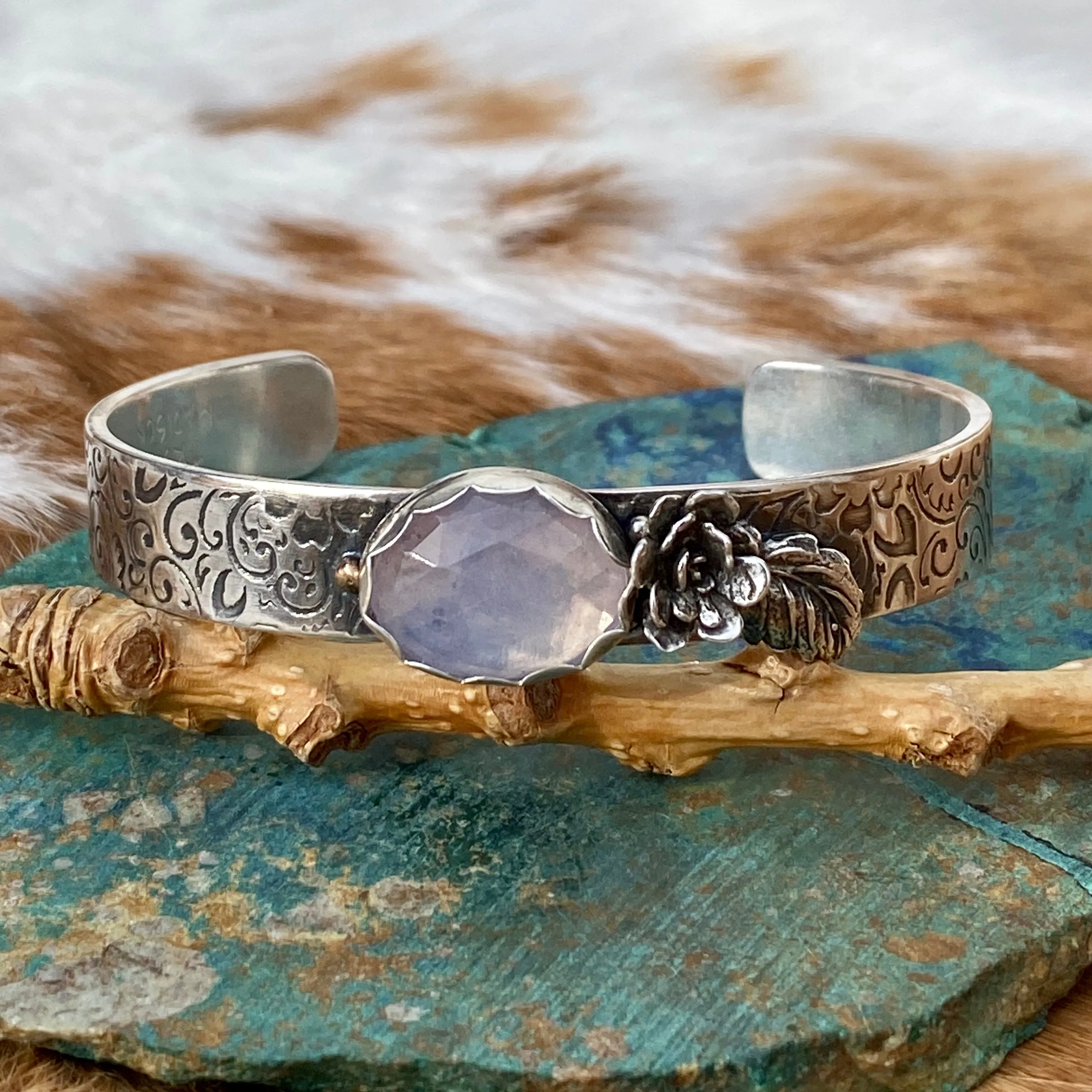 Lavender quartz succulent garden sterling silver cuff