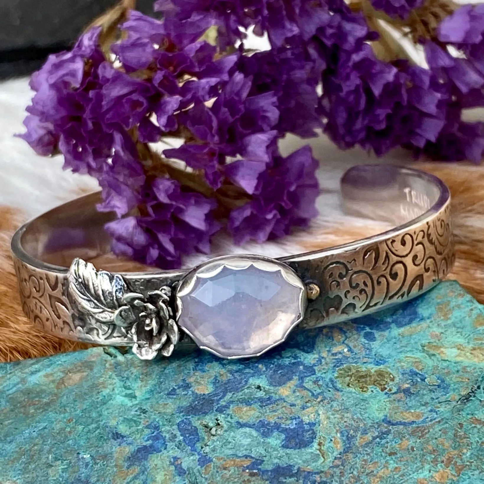 Lavender quartz succulent garden sterling silver cuff