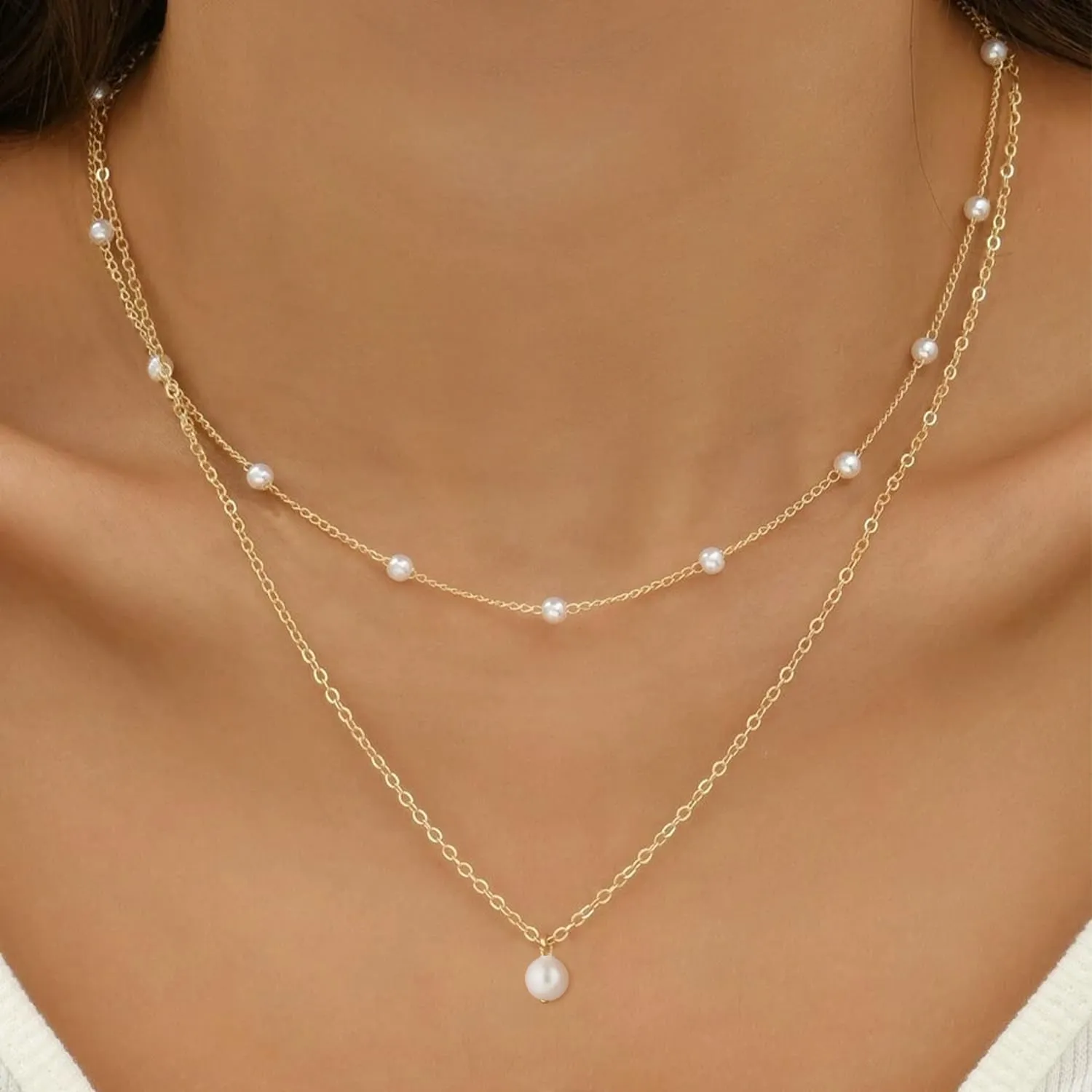 Layered Gold Pearl Necklaces, 14K Gold Plated Dainty Layered Single, Simple Pearl Choker Chain Necklaces for Women Trendy Jewelry Gifts