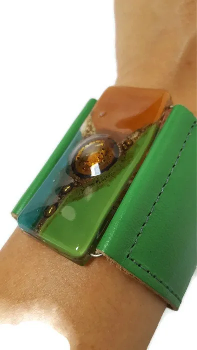 Leather and Glass Cuff Bracelet!! Recycled fused glass wide leather bracelet