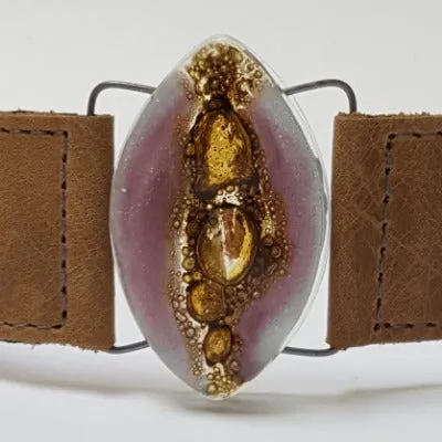 Leather cuff. Lilac  and  Brown Fused Glass and  light Brown leather Bracelet.