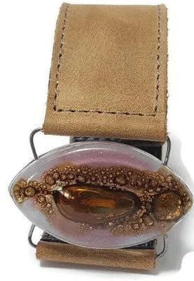 Leather cuff. Lilac  and  Brown Fused Glass and  light Brown leather Bracelet.