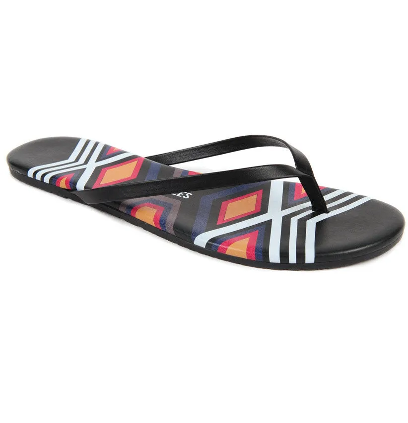Leather flip flops in black aztec print