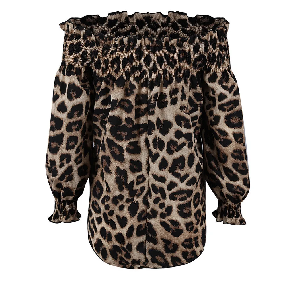 Leopard Blouse  Shirts Off Shoulder Printing Loose Tops