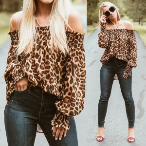 Leopard Blouse  Shirts Off Shoulder Printing Loose Tops