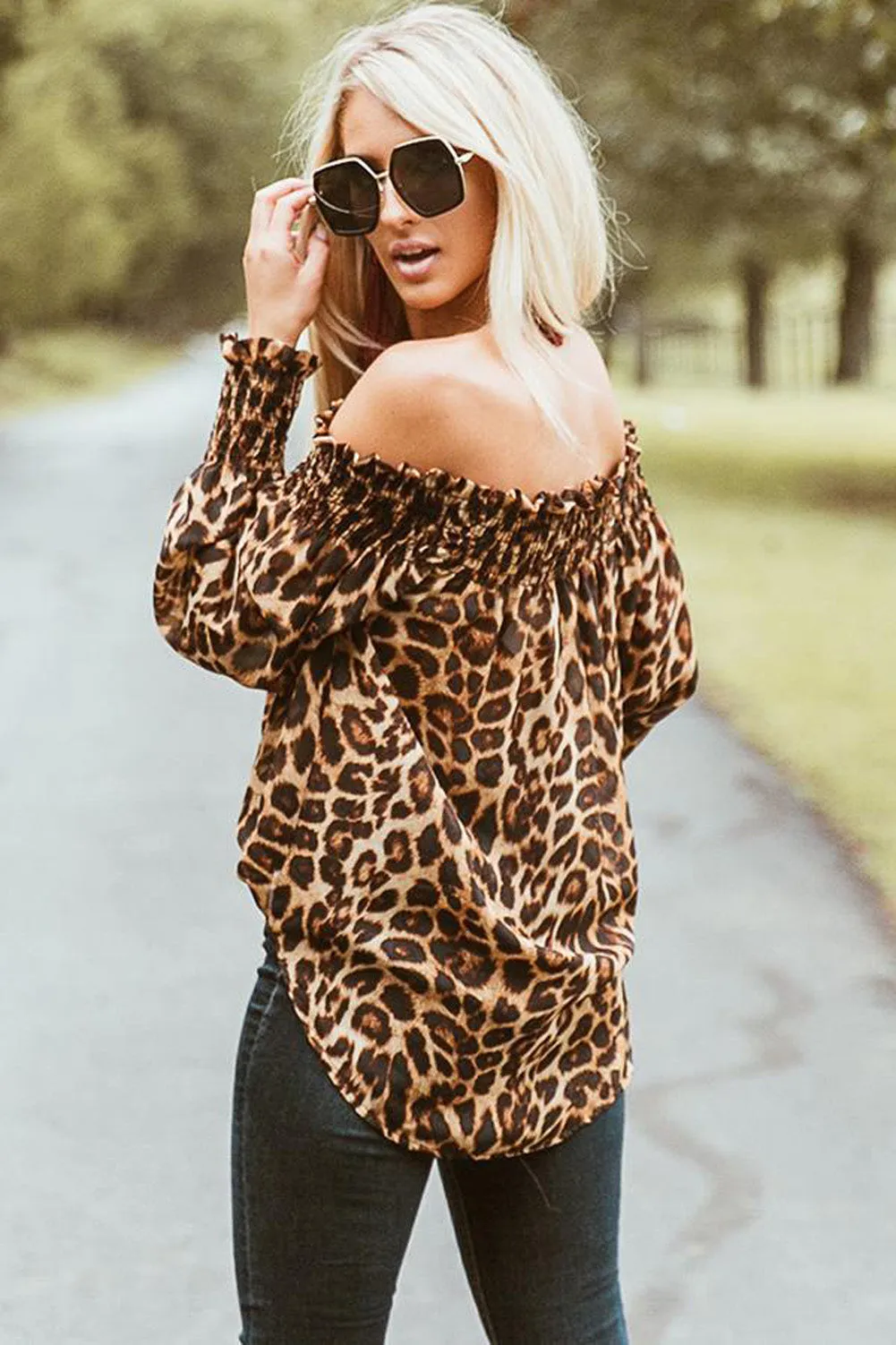 Leopard Blouse  Shirts Off Shoulder Printing Loose Tops