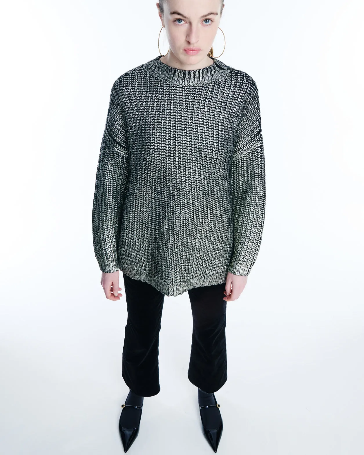 Long Chunky Laminated Cashwool Knit Sweater