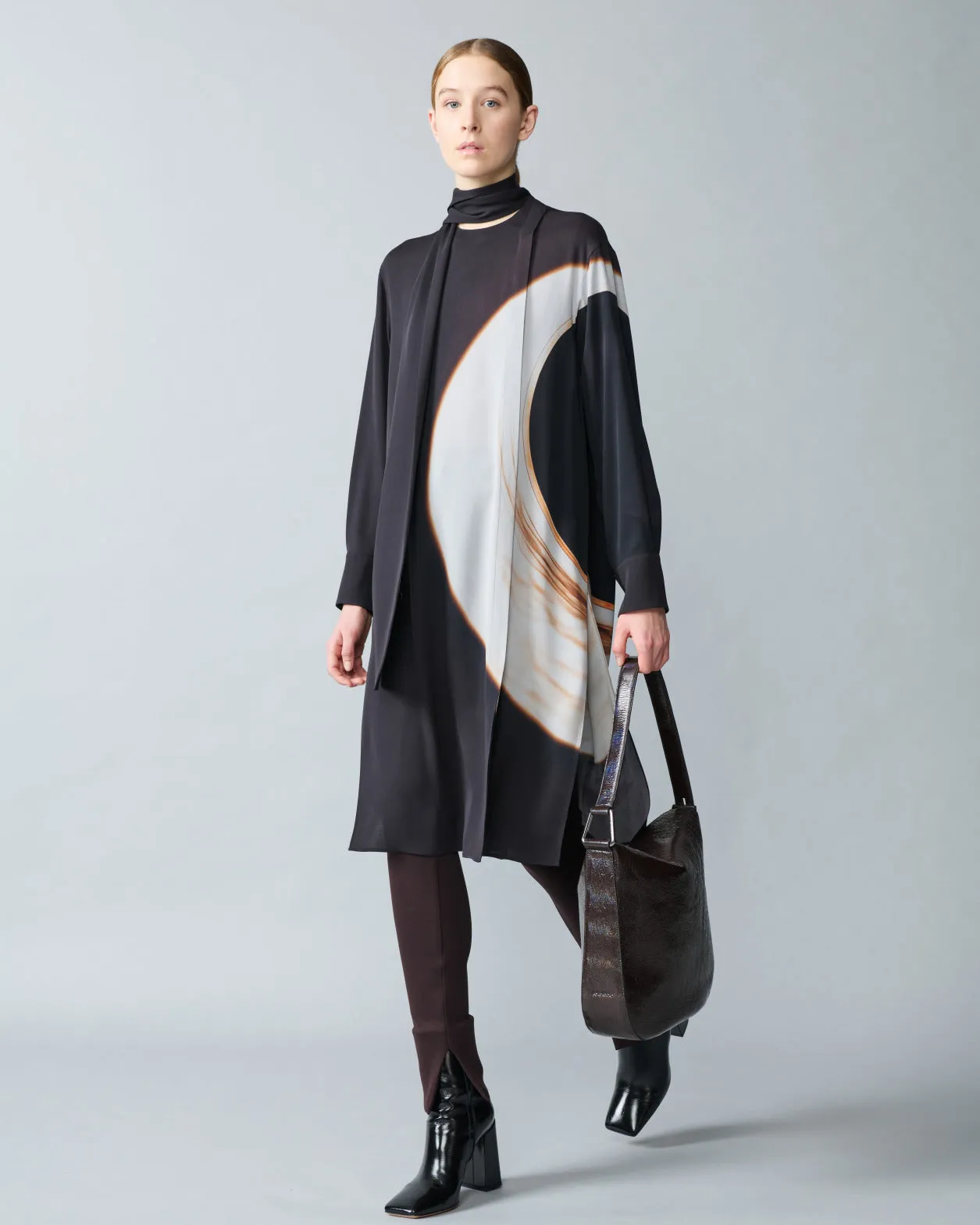 Long Silk Crêpe Tunic with Mocca Loop Print