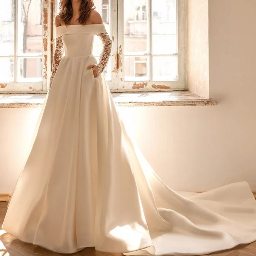 Long Sleeve Lace Elegant Satin Tube Top Long Trailing Simple Wedding Dress