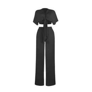 Loose Wide Leg Bandage Lace Up Crop Top 2 Piece Set