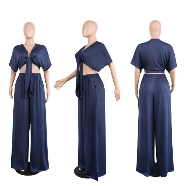 Loose Wide Leg Bandage Lace Up Crop Top 2 Piece Set