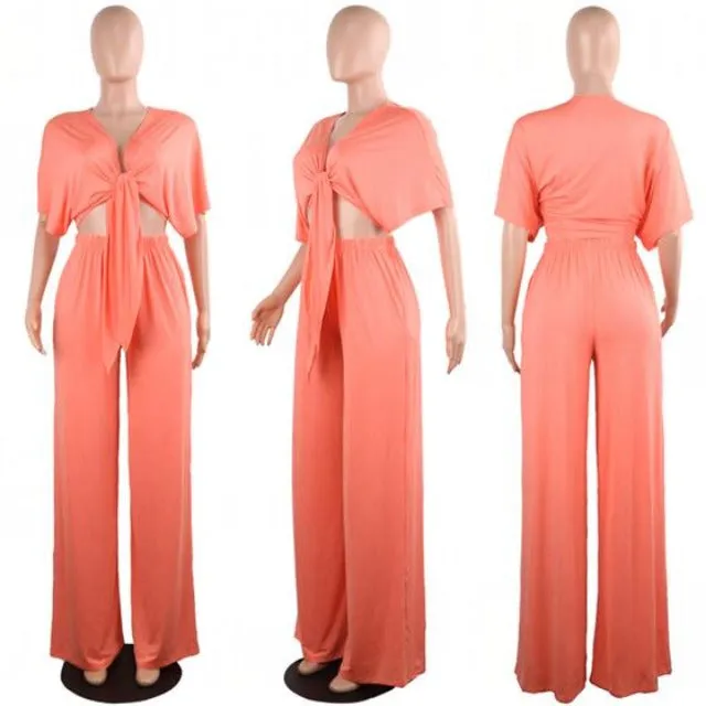 Loose Wide Leg Bandage Lace Up Crop Top 2 Piece Set