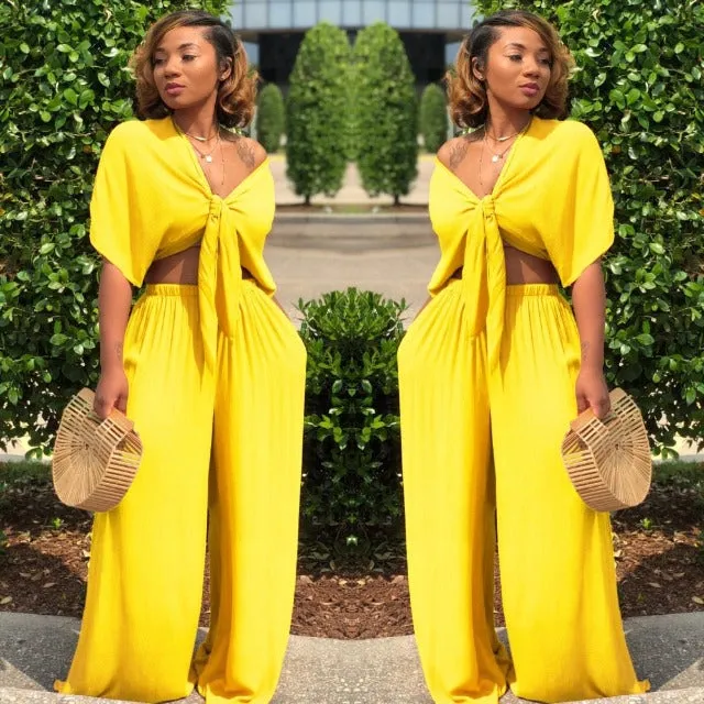 Loose Wide Leg Bandage Lace Up Crop Top 2 Piece Set