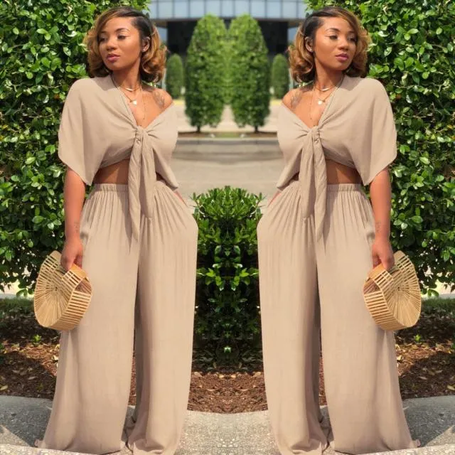 Loose Wide Leg Bandage Lace Up Crop Top 2 Piece Set