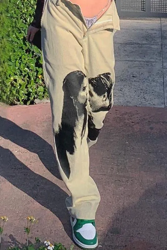 Love portrait print casual straight pants
