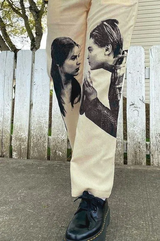 Love portrait print casual straight pants