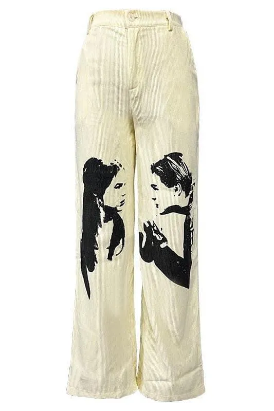 Love portrait print casual straight pants