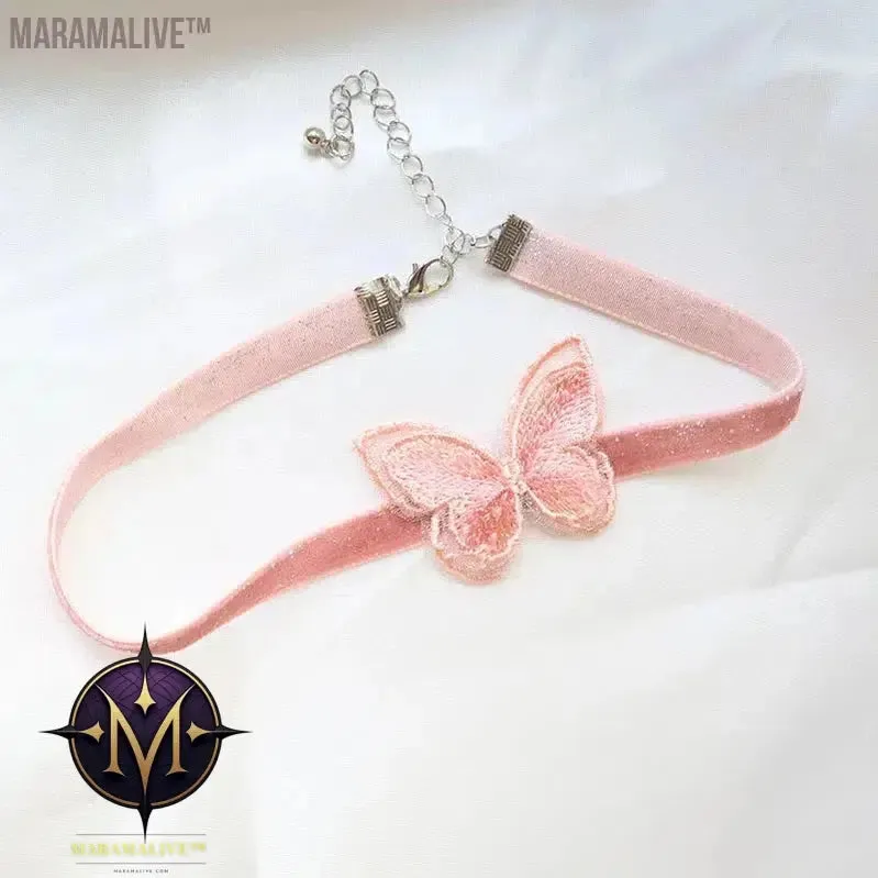 Lovely Girl Choker New Fashion Cute Pink Color Heart Butterfly Lace Bow Necklace for Women Charm Wedding Birthday Jewelry