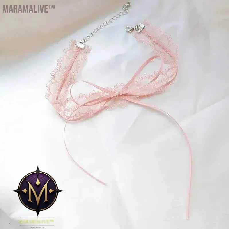Lovely Girl Choker New Fashion Cute Pink Color Heart Butterfly Lace Bow Necklace for Women Charm Wedding Birthday Jewelry