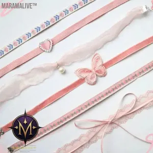 Lovely Girl Choker New Fashion Cute Pink Color Heart Butterfly Lace Bow Necklace for Women Charm Wedding Birthday Jewelry