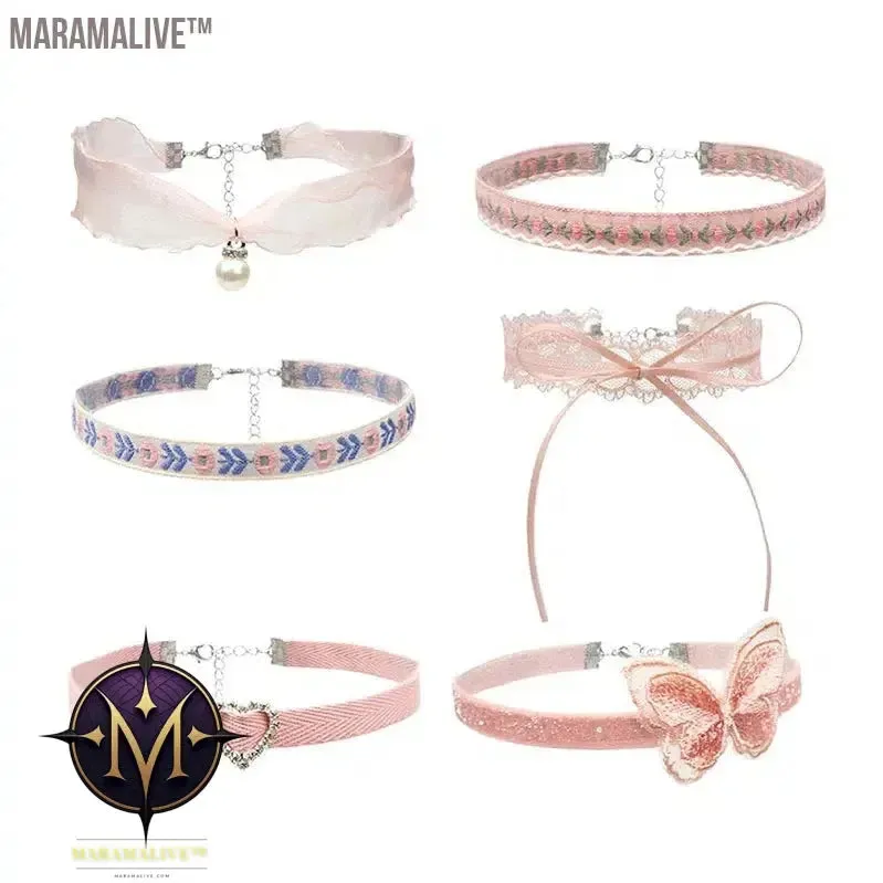 Lovely Girl Choker New Fashion Cute Pink Color Heart Butterfly Lace Bow Necklace for Women Charm Wedding Birthday Jewelry