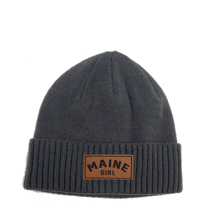 Maine Girl Leather Patch Rib Knit Beanie