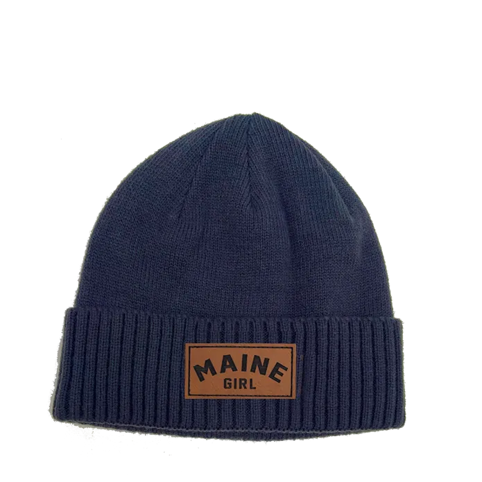 Maine Girl Leather Patch Rib Knit Beanie