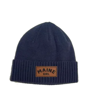Maine Girl Leather Patch Rib Knit Beanie
