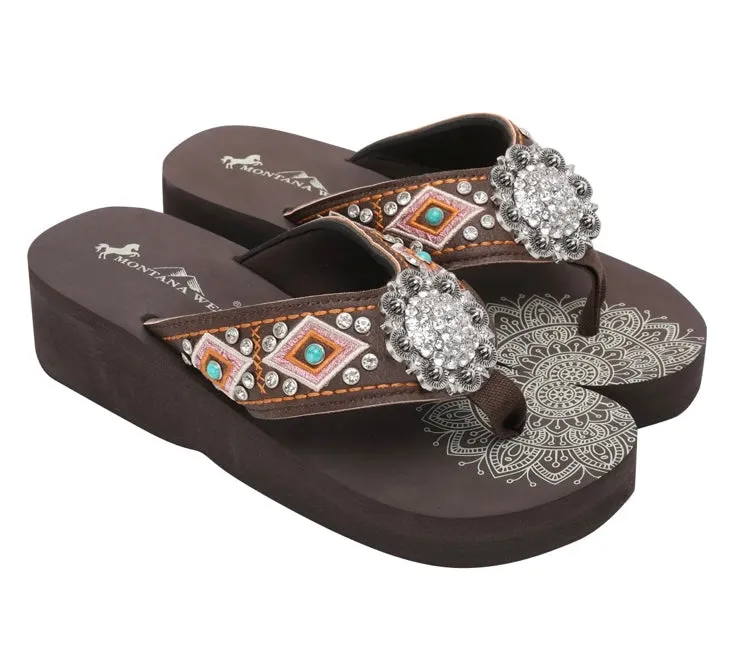 Mandala Silver Floral Rhinestones Concho Embroidered Wedge Flip-Flop